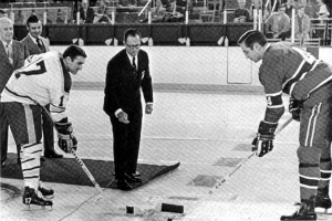Seymour Knox III dropping the puck at the First Sabres Game, 1970