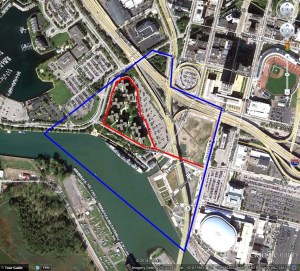 Marine Drive depicted in red.  Canal District depicted in blue.