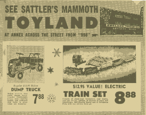 Sattler's Toyland Ad, Christmas 1954 Source