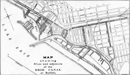 Map Showing Different Canal Era Slips. For reference, Erie Street's alignment has shifted towards the south. Commercial Slip is the one that has been uncovered at Canalside (click to view at higher resolution)